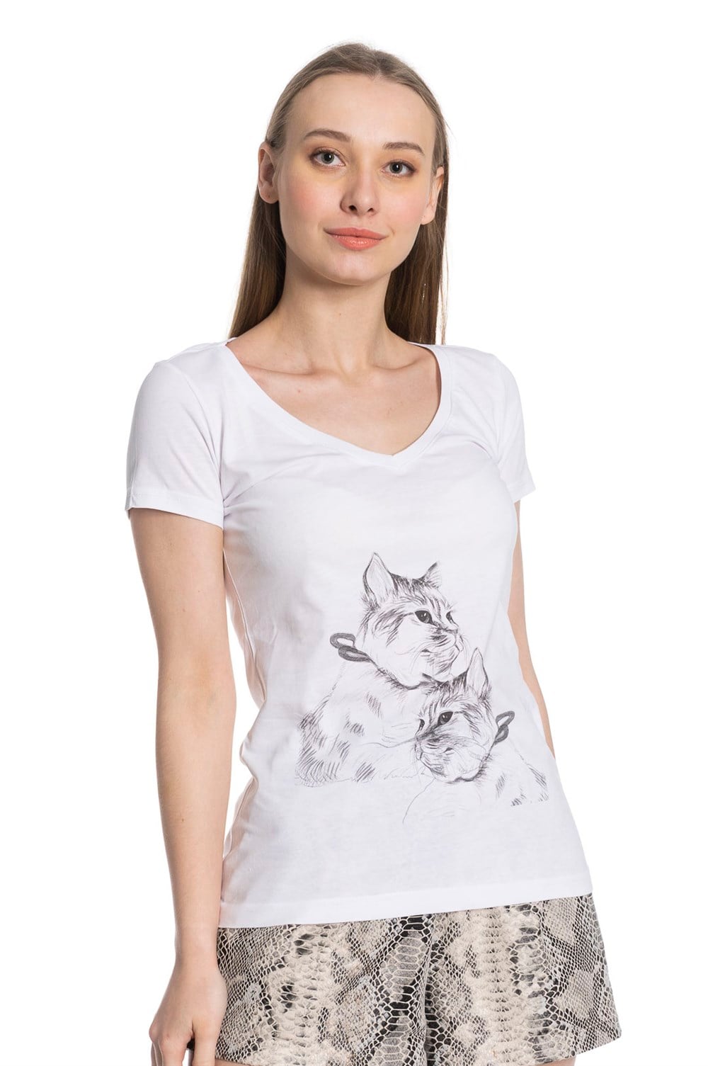 V Yaka Çift Surat Baskı Beyaz Kadın Tshirt