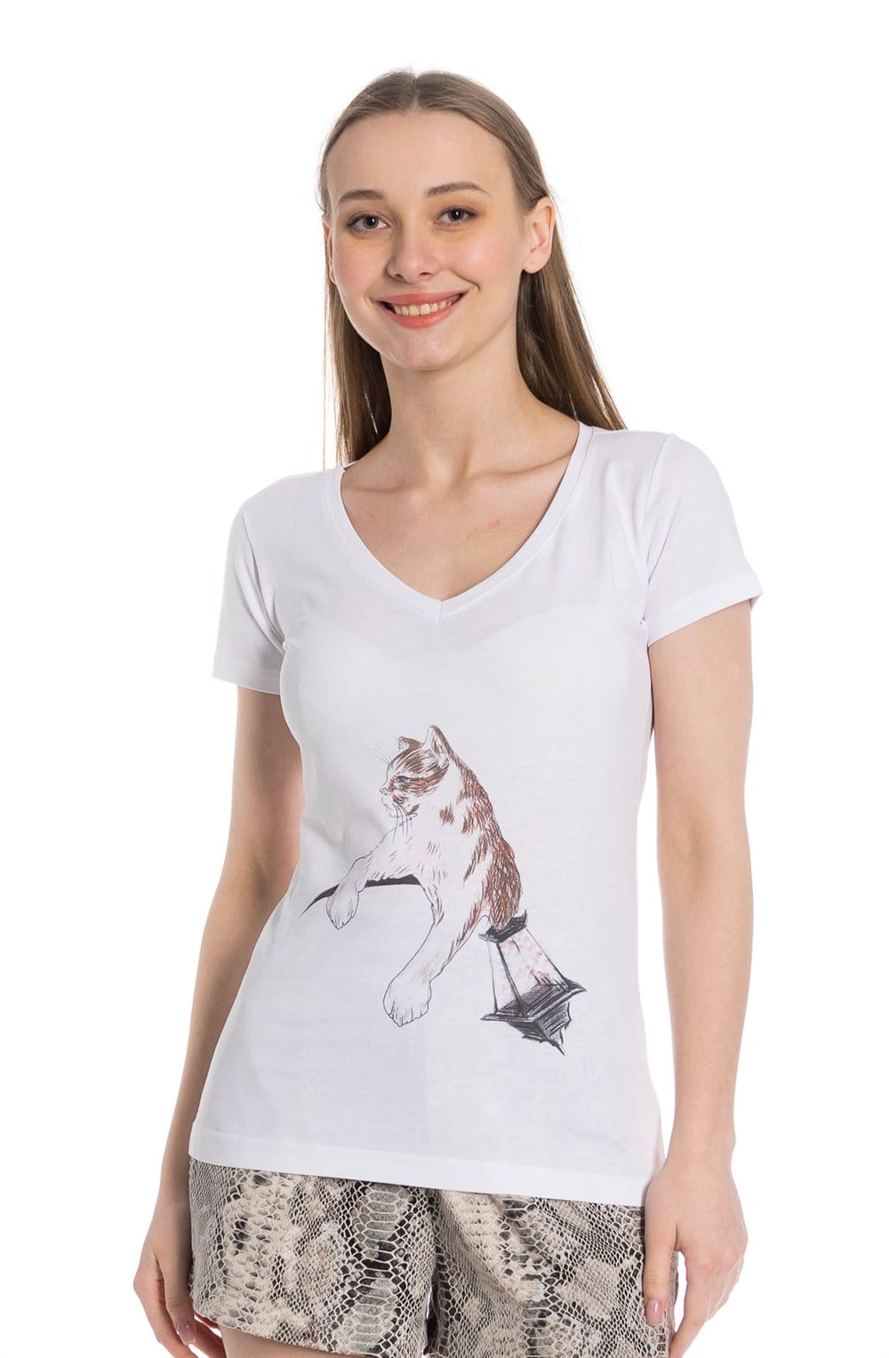 V Yaka Lamba Baskı Beyaz Kadın Tshirt