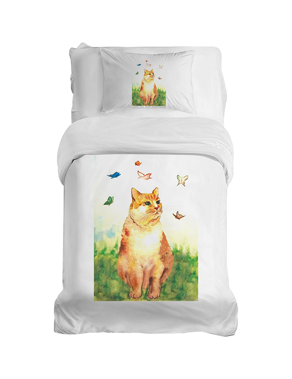 Zümrüt Şaziye ve Kelebekler Baskılı Çocuk Boy Beyaz Pamuklu Nevresim Takımı