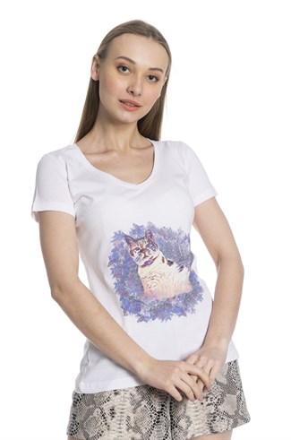 V Yaka Hareli Baskı Beyaz Kadın Tshirt