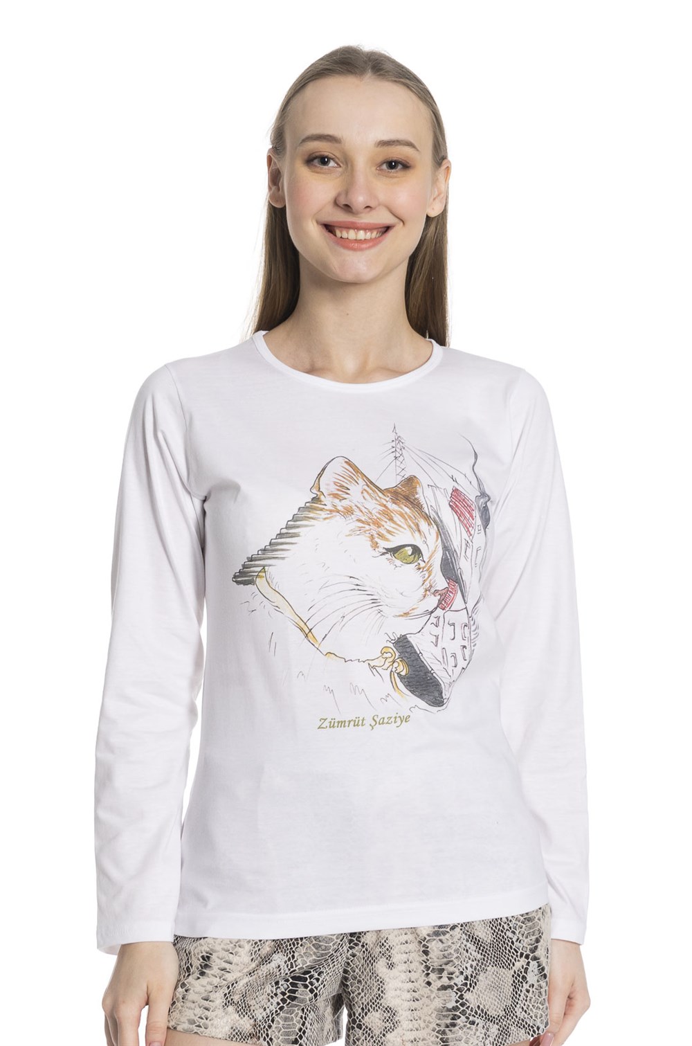 Bisiklet Yaka Amiral Baskılı Uzun Kollu Beyaz Pamuklu Tshirt