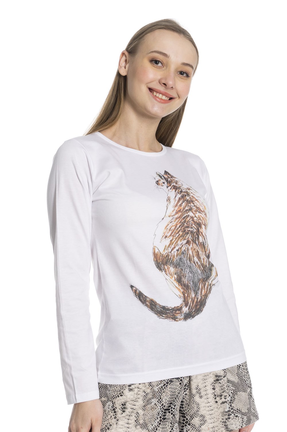 Bisiklet Yaka Sırt Detay Baskılı Uzun Kollu Beyaz Pamuklu Tshirt