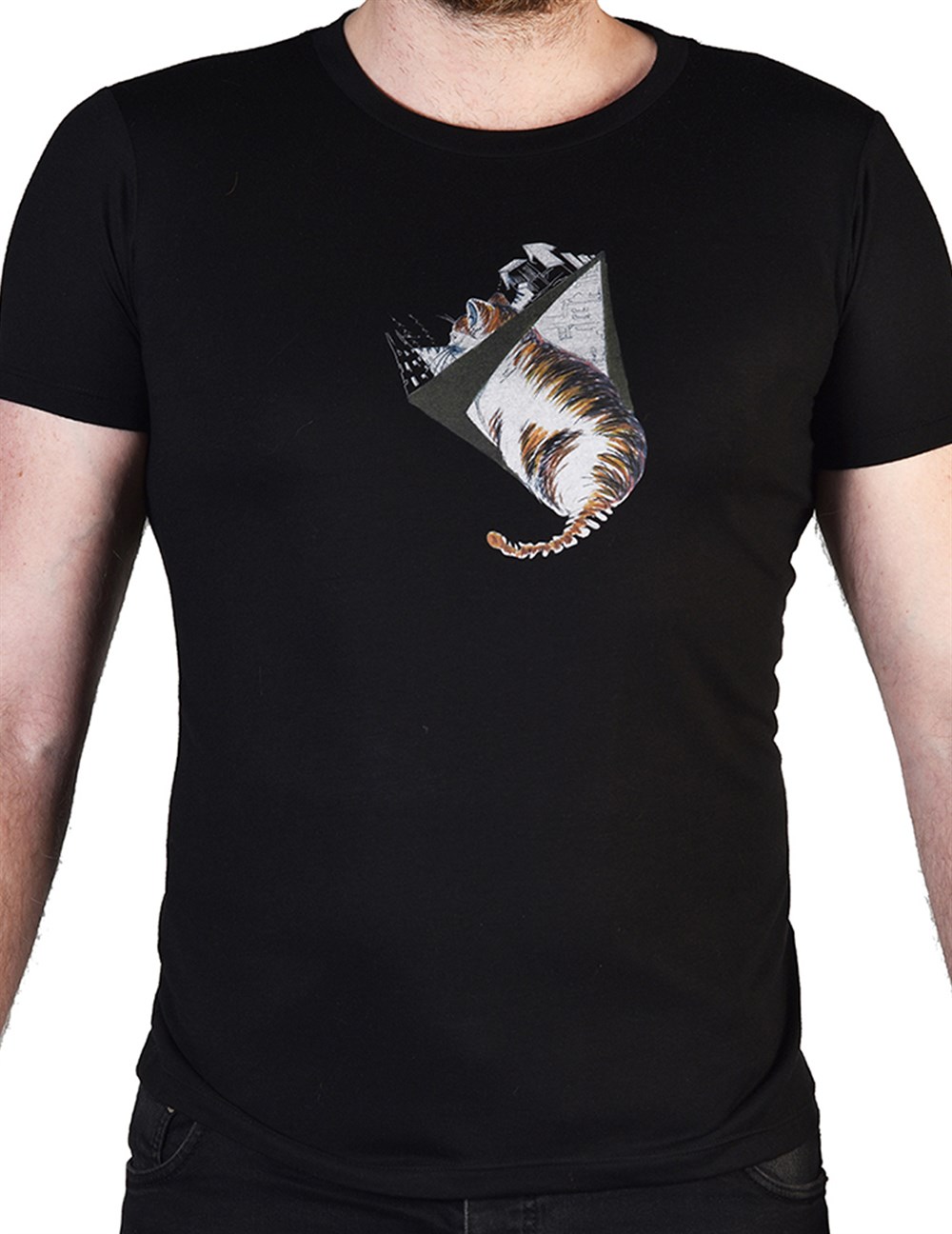 Bisiklet Yaka Üçgen Baskılı Erkek Siyah Pamuklu Tshirt