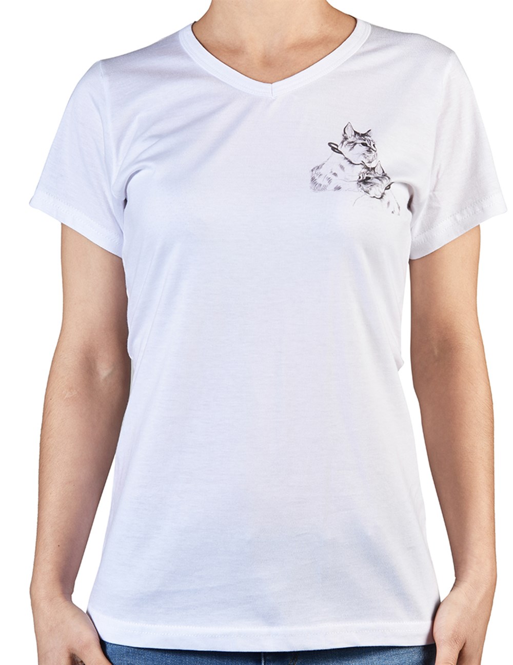 V Yaka Sol Göğüs Üzeri Çift Surat Baskı Beyaz Kadın Tshirt