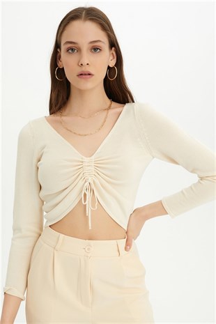 Sherin Kadın Ekru Bağcıklı Crop Triko Bluz SWK4354EK