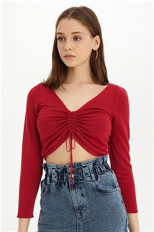 Sherin Kadın Kırmızı Bağcıklı Crop Triko Bluz SWK4354KR