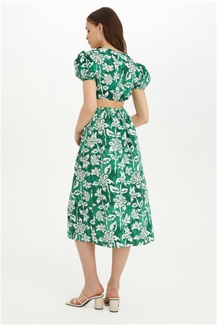 Sherin Kadın Yeşil Çiçek Desenli Bel Dekolteli Yazlık Elbise SWD4426YE