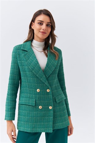 Kruvaze Yaka Tüvit Yeşil Kadın Ceket