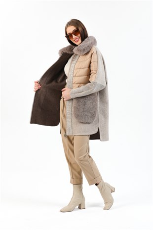Trend Studio - Tansy Vegan Kürk Süslemeli Bej Cashmere Mont