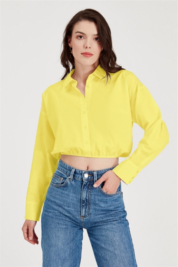 Sherin Kadın Sarı Bağcık Detaylı Lastikli Kısa Gömlek SWG4169SR