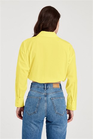 Sherin Kadın Sarı Bağcık Detaylı Lastikli Kısa Gömlek SWG4169SR
