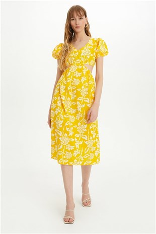 Sherin Kadın Sarı Çiçek Desenli Bel Dekolteli Yazlık Elbise SWD4426SR