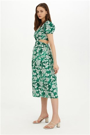 Sherin Kadın Yeşil Çiçek Desenli Bel Dekolteli Yazlık Elbise SWD4426YE