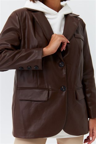 Suni Deri Blazer Kahverengi Kadın Ceket