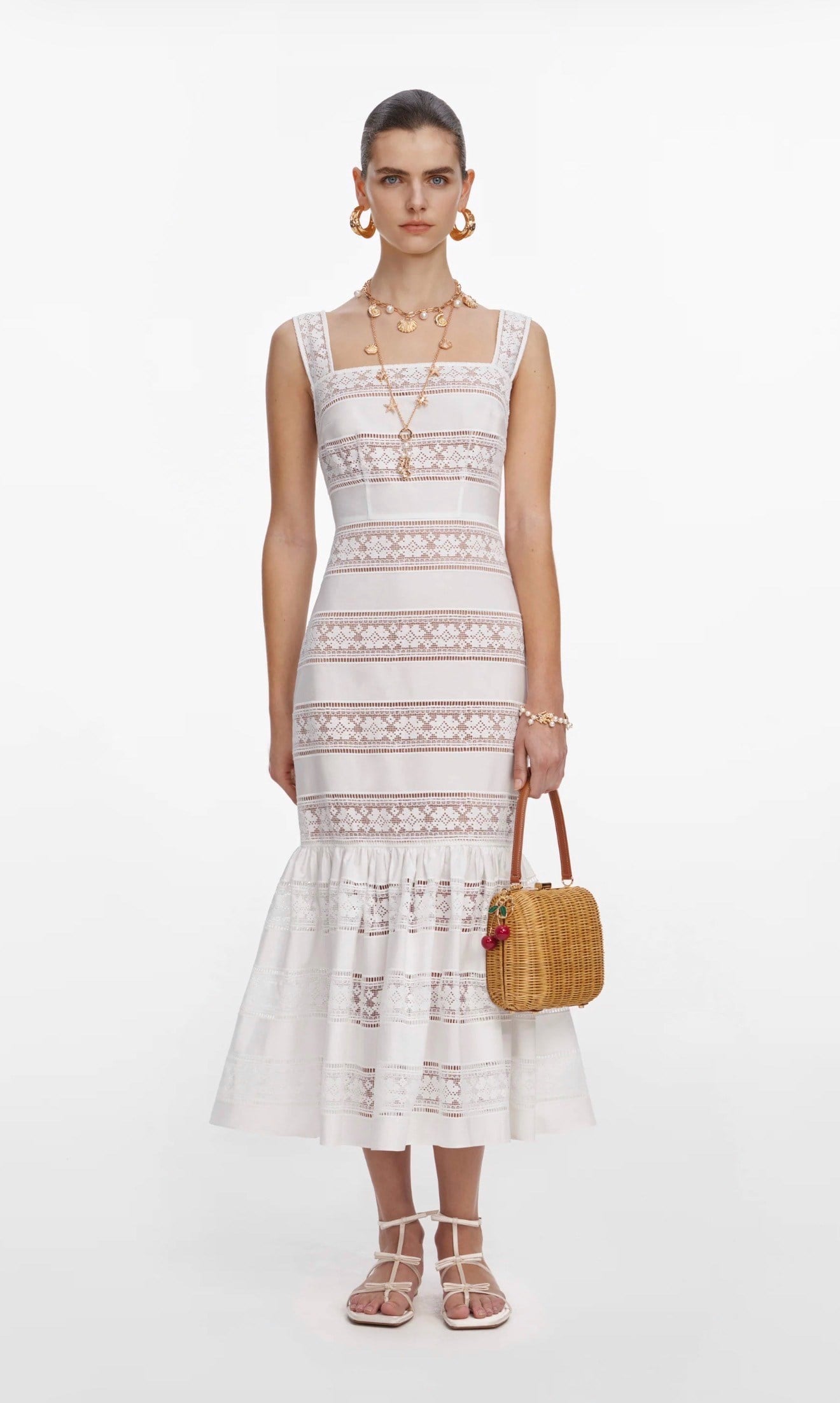 Askılı Güpür Beyaz Midi Elbise