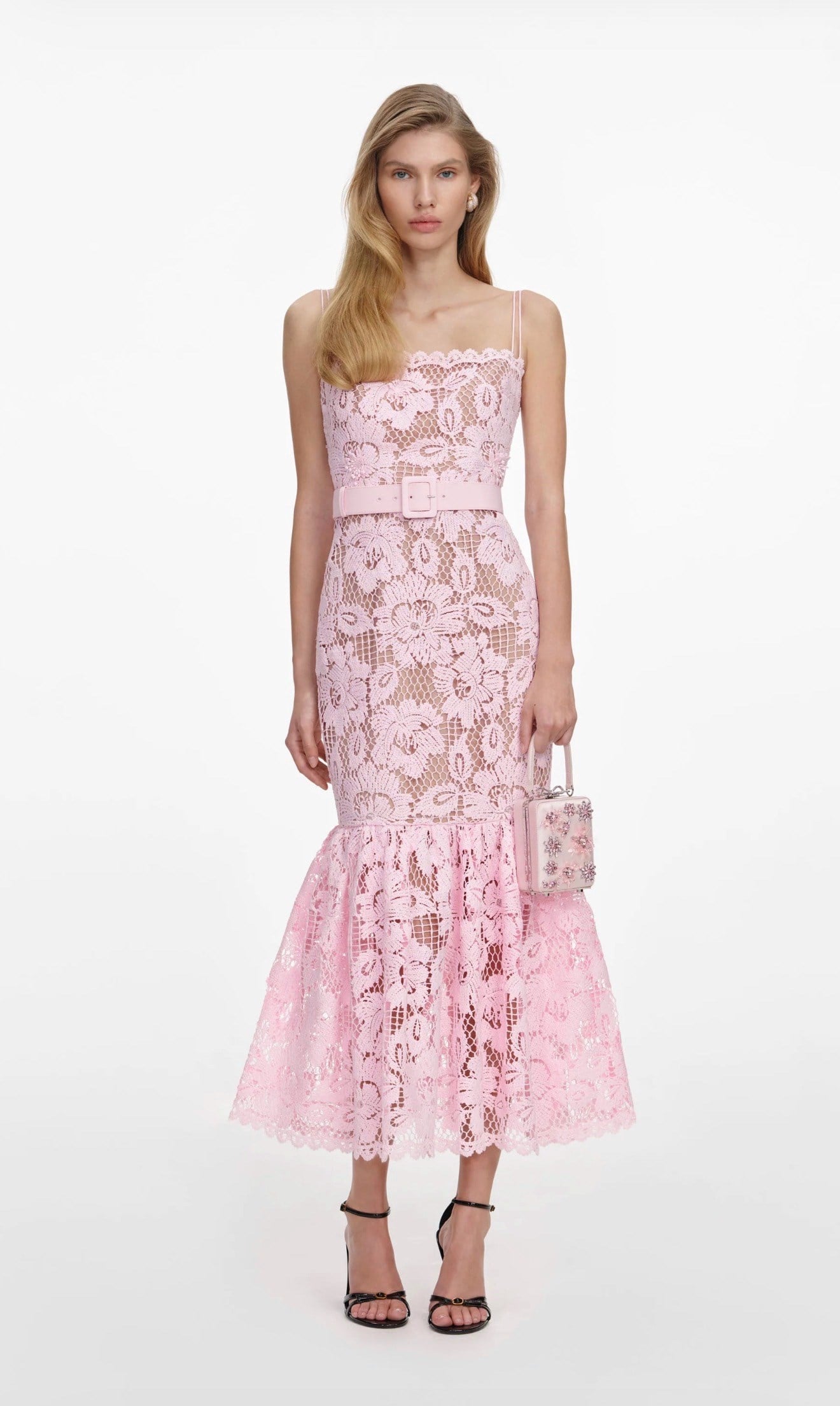 Askılı Kemerli Pembe Güpür Midi Elbise