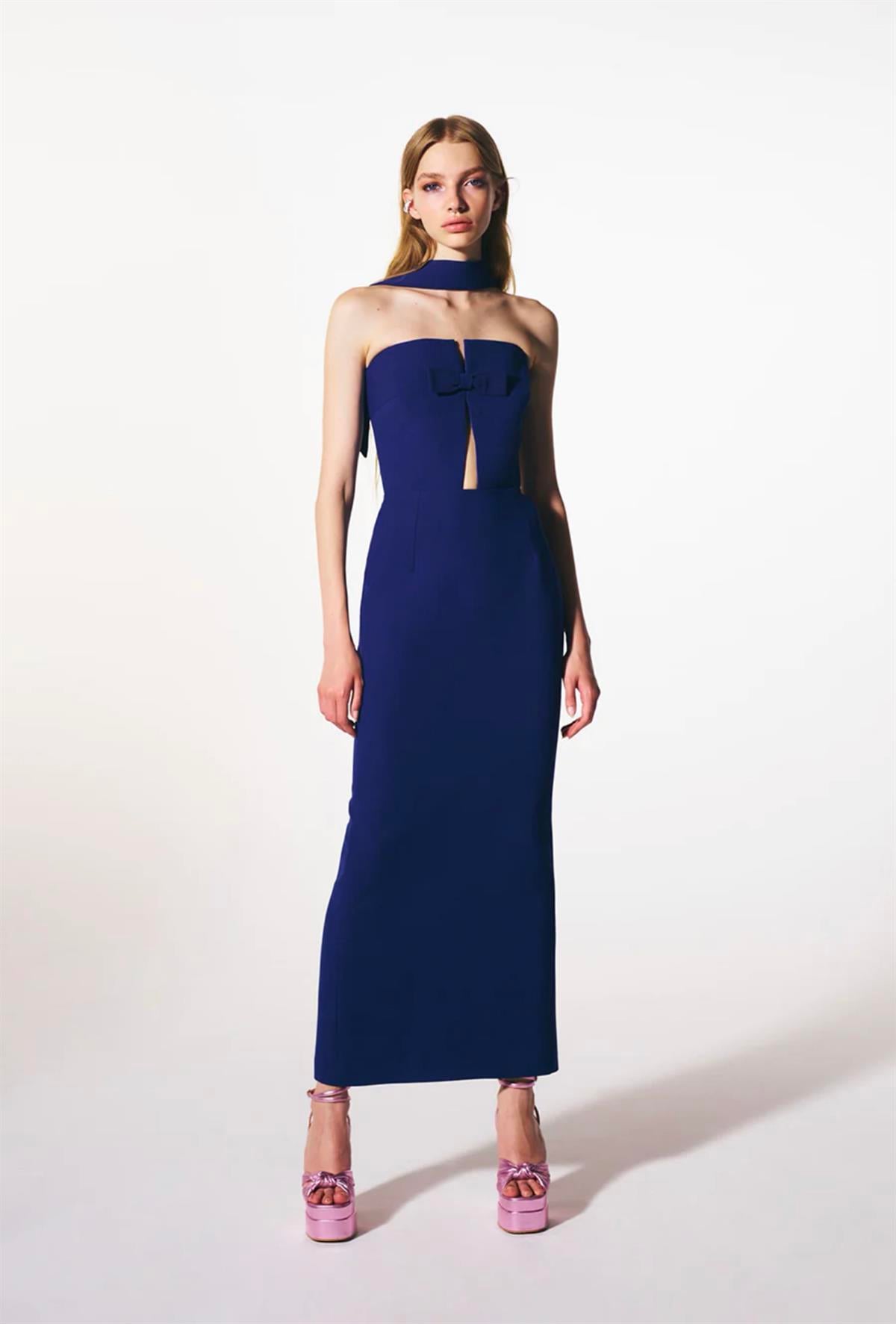 Bağ Detaylı Kurdeleli Straplez Tasarım Mavi Elbise