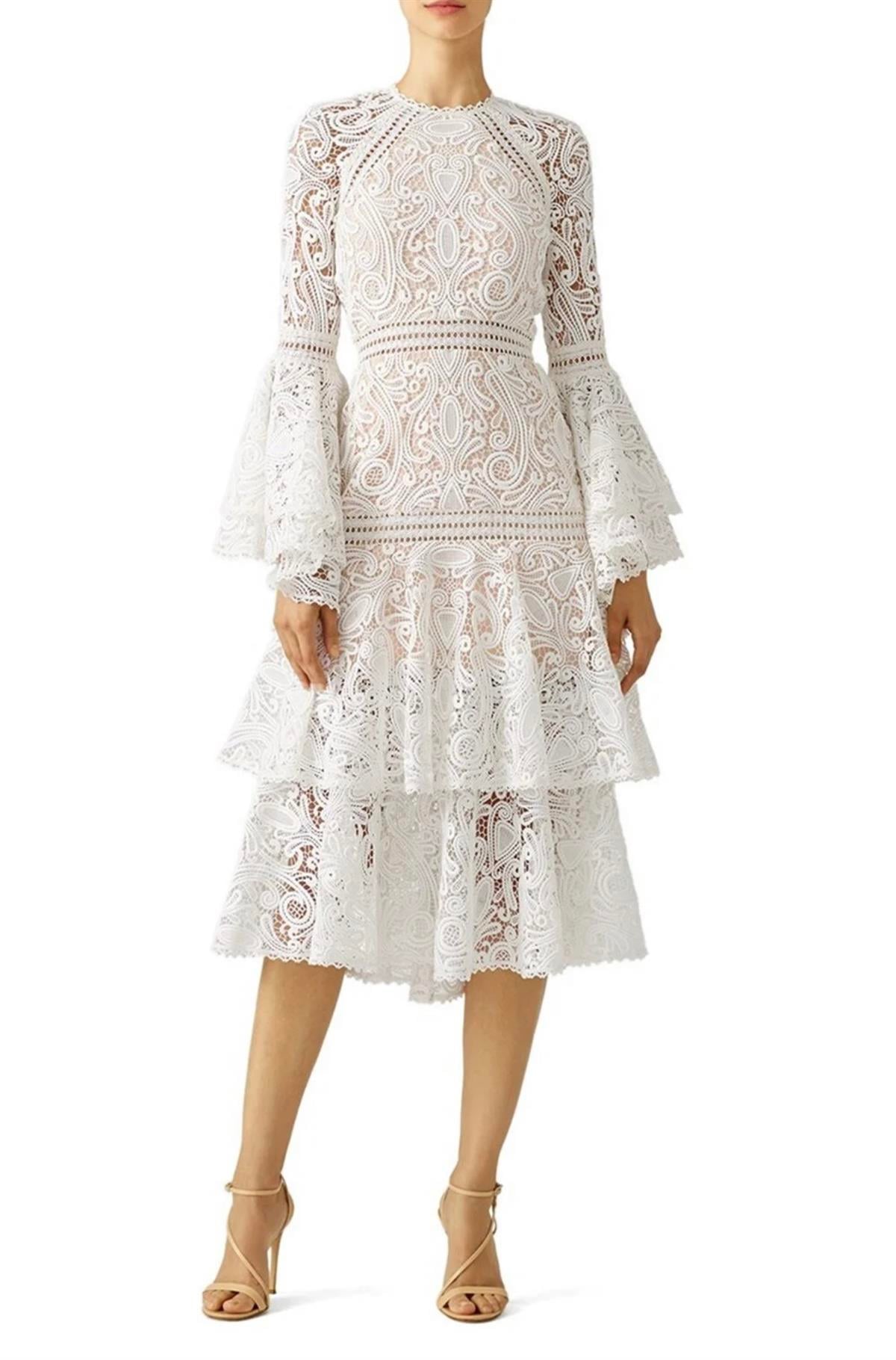 Beyaz Midi Boy Dantel Tasarım Elbise
