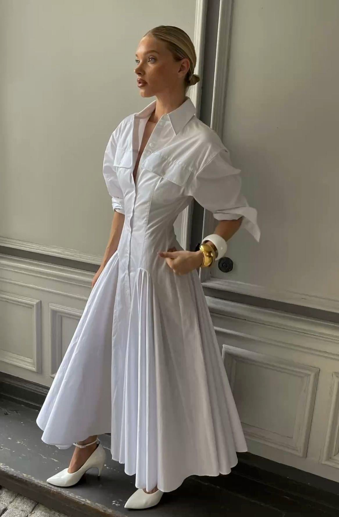 Beyaz Poplin Premium Maksi Gömlek Elbise