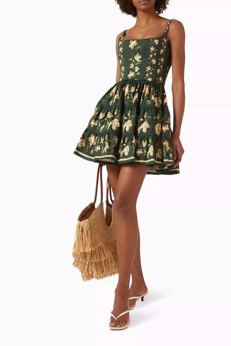 Çiçek Desenli Askılı Yeşil Premium Mini Elbise