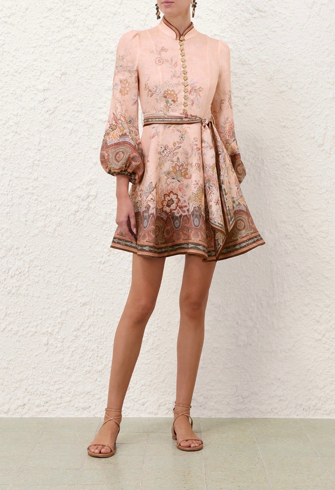 Çiçek Desenli Düğmeli Kemerli Mini Premium Elbise