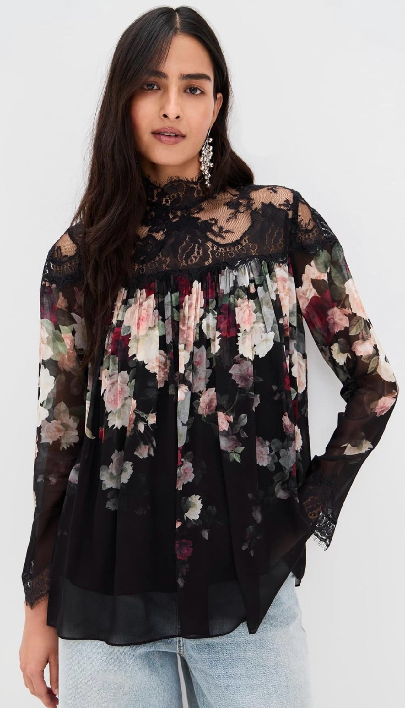 Dantel Detaylı Çiçekli Premium Bluz