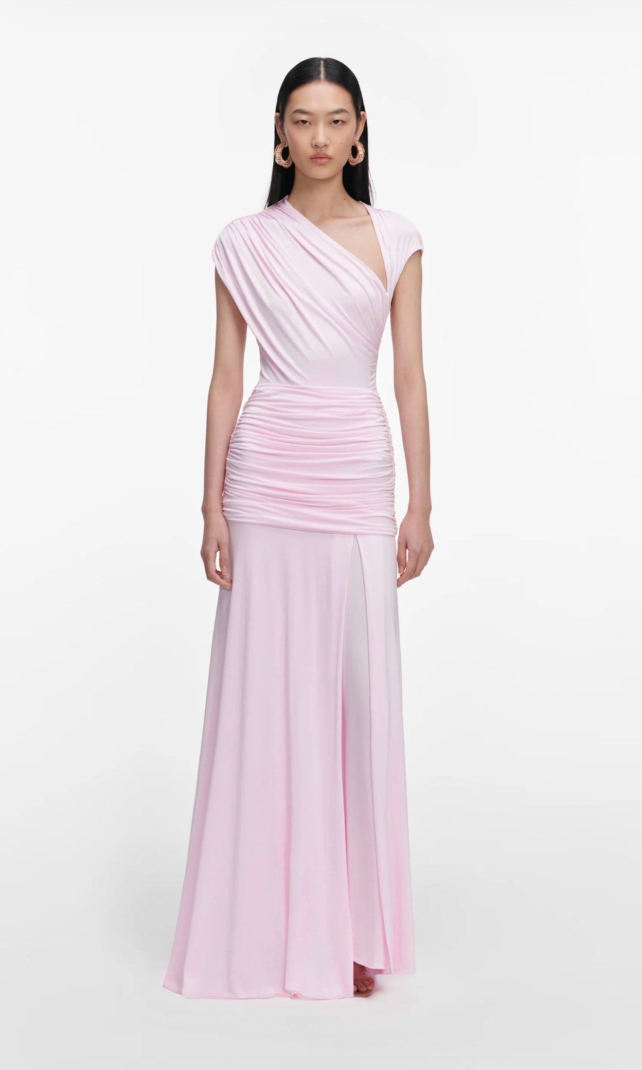 Drapeli Kolsuz Toz Pembe Premium Maksi Elbise