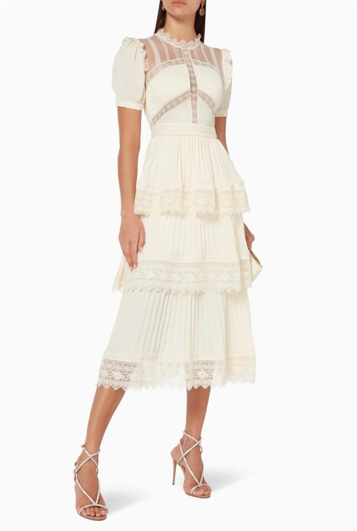 Ekru Pileli Tasarım Midi Elbise