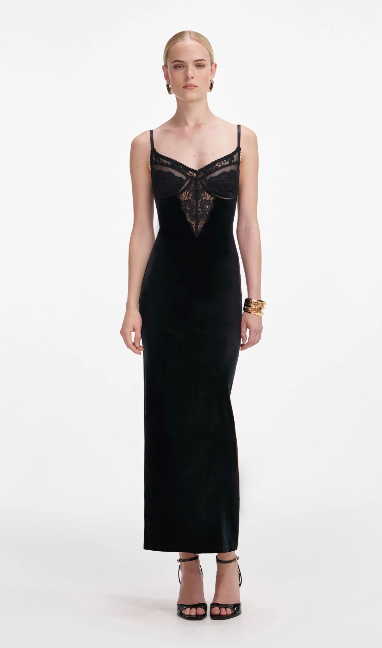 Göğsü Transparan Dantel Detaylı Askılı Siyah Premium Midi Elbise