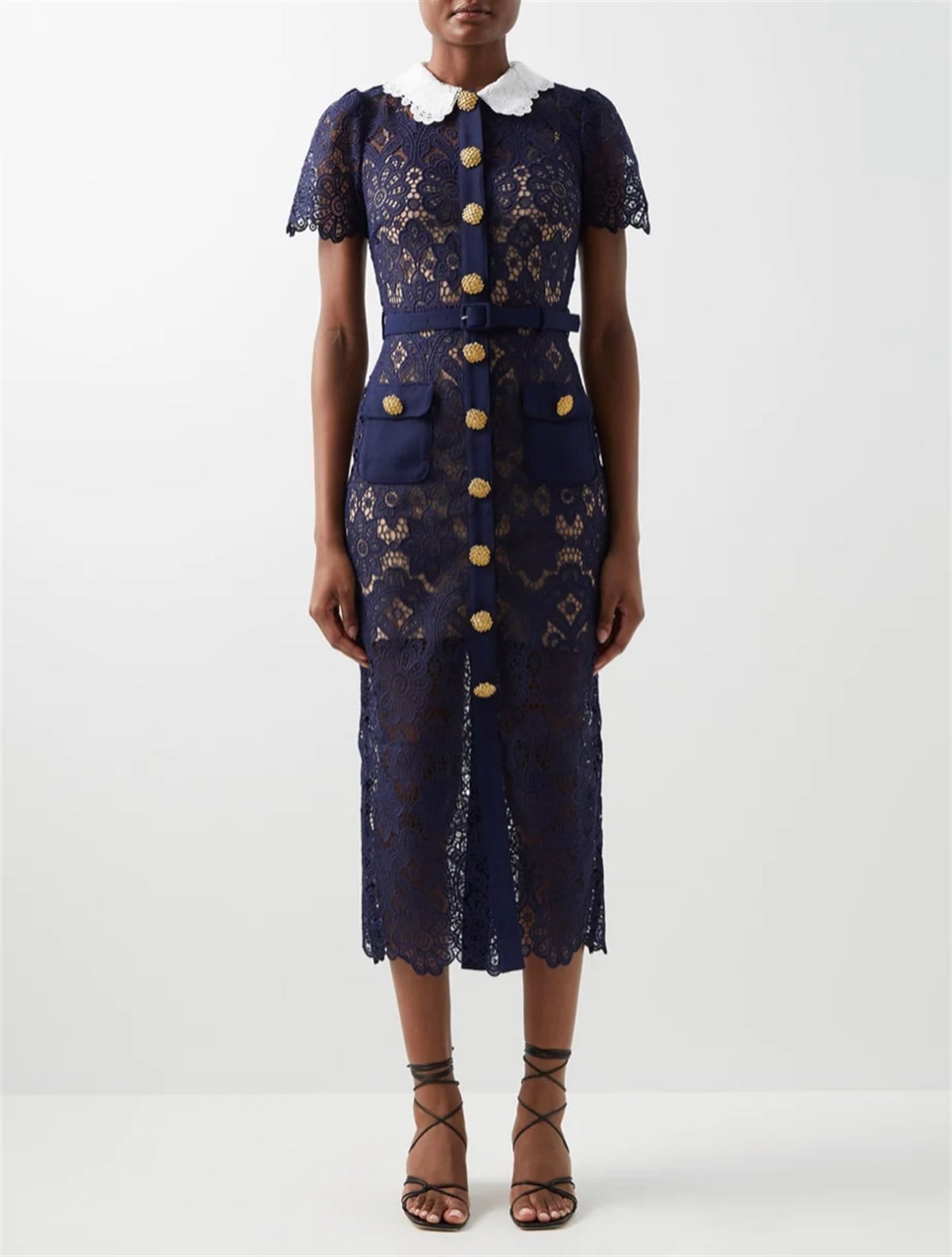 Gold Düğmeli Cep Detaylı Lacivert Güpür Tasarım Elbise