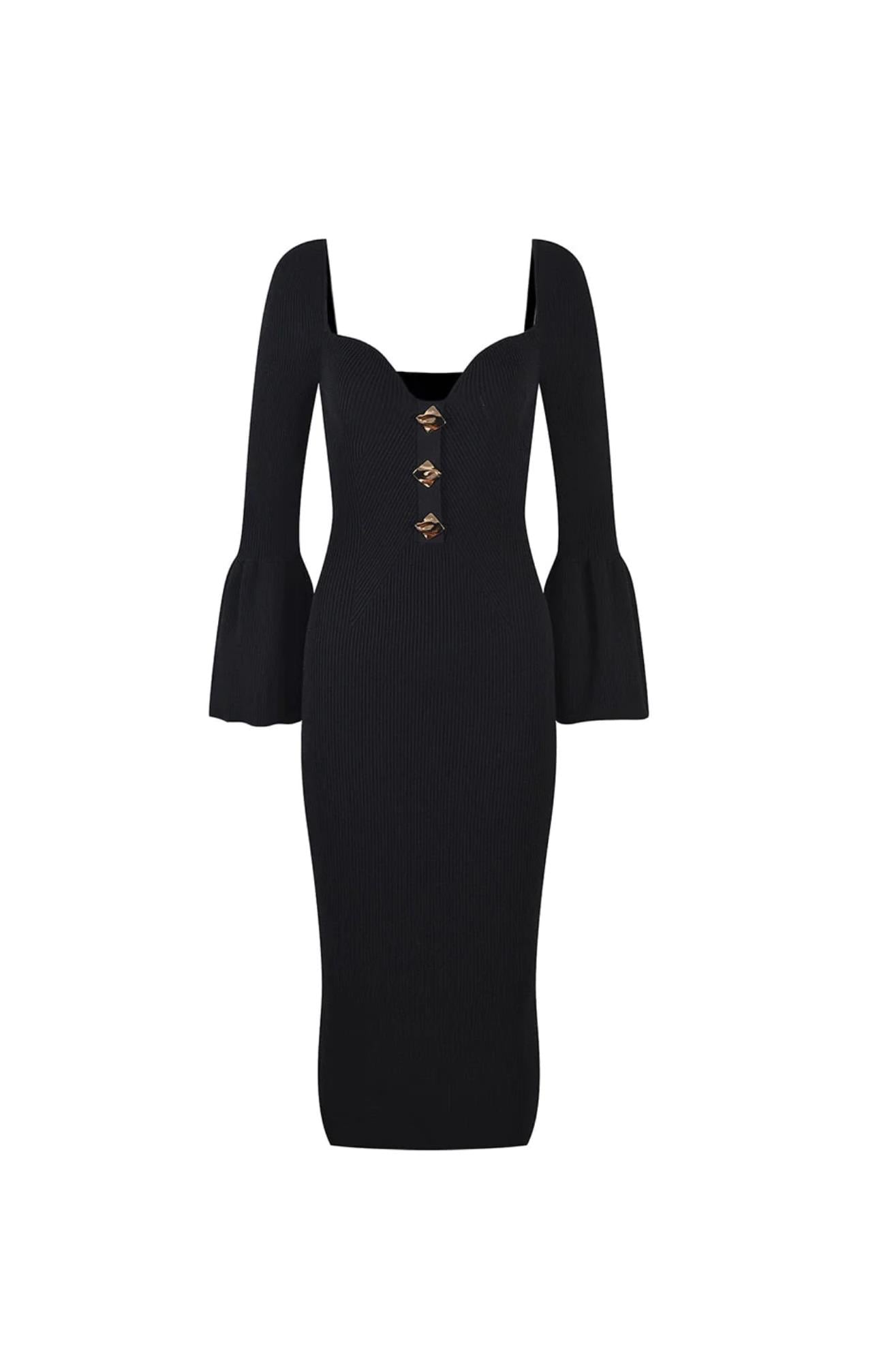 Gold Düğmeli Siyah Triko Tasarım Bandaj Elbise