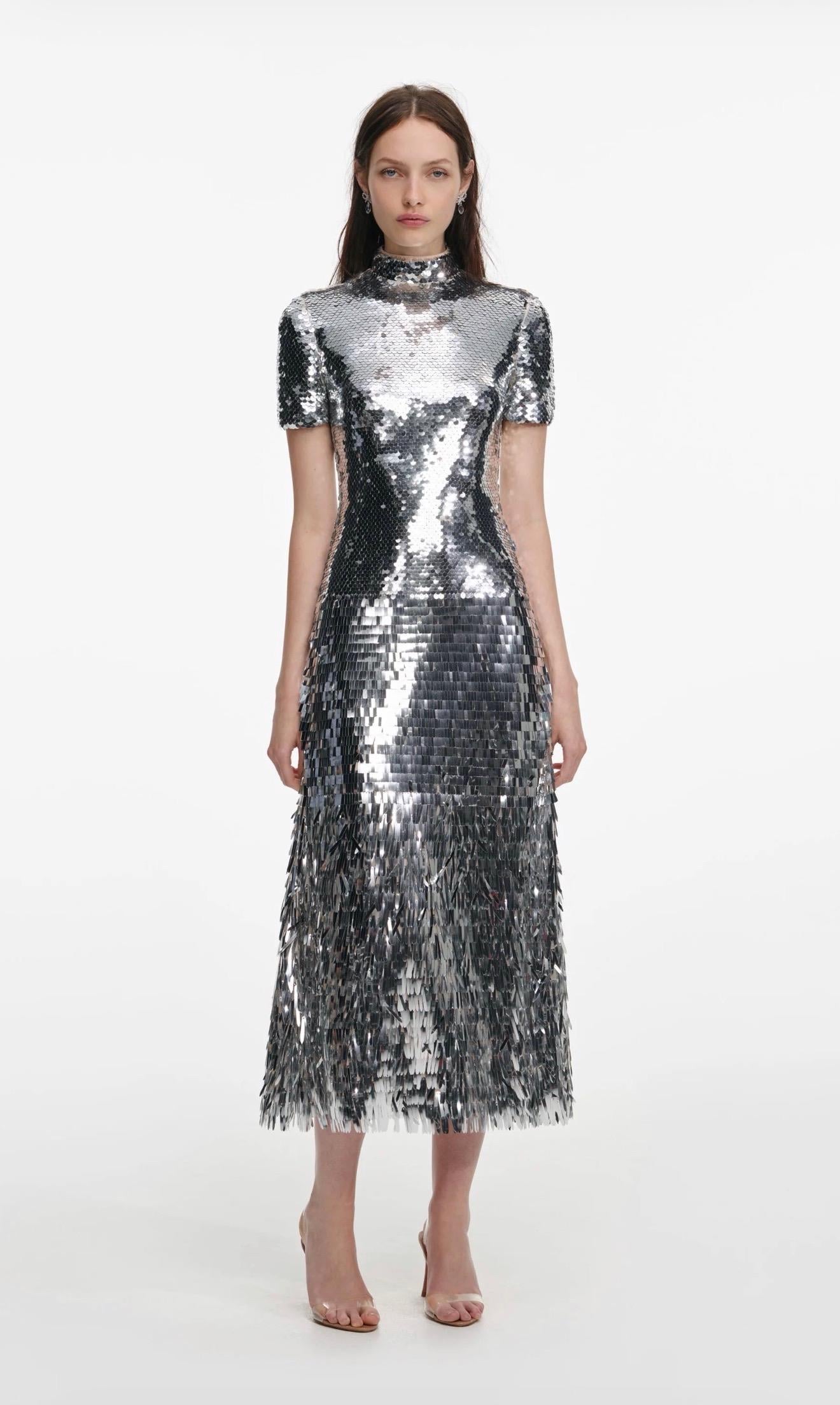 Gümüş Payetli Kısa Kollu Midi Premium Elbise