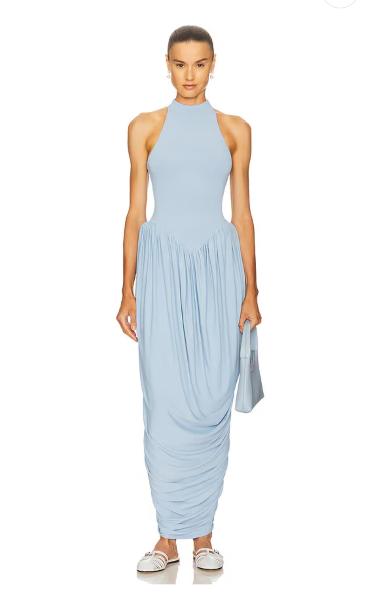 Halter Yaka Eteği Dökümlü Mavi Tasarım Elbise