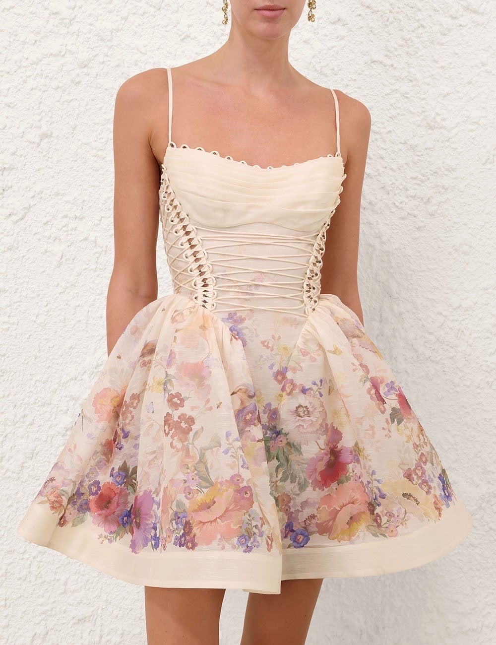 İp Askılı Beli İp Detaylı Desenli Mini Premium Elbise