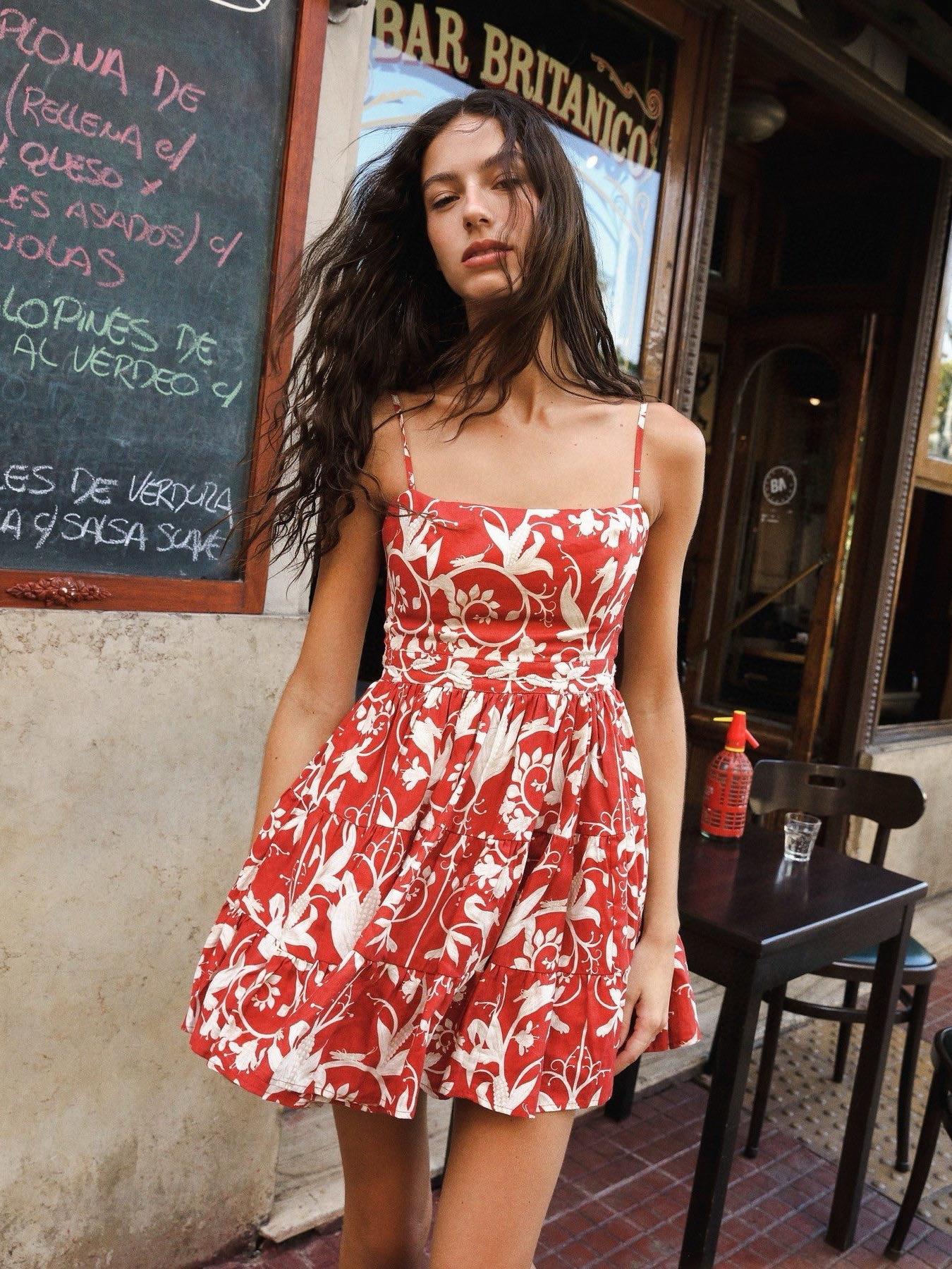 İp Askılı Desenli Premium Keten Mini Elbise