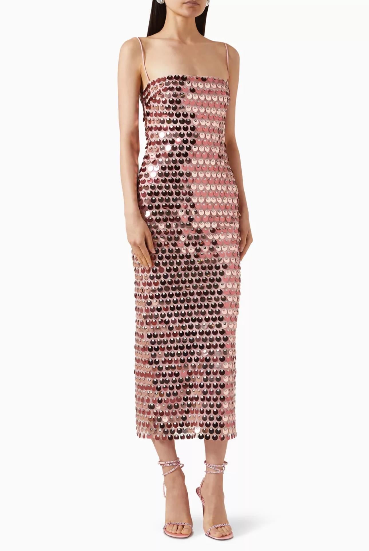 İp Askılı Pullu Toz Pembe Tasarım Midi Elbise