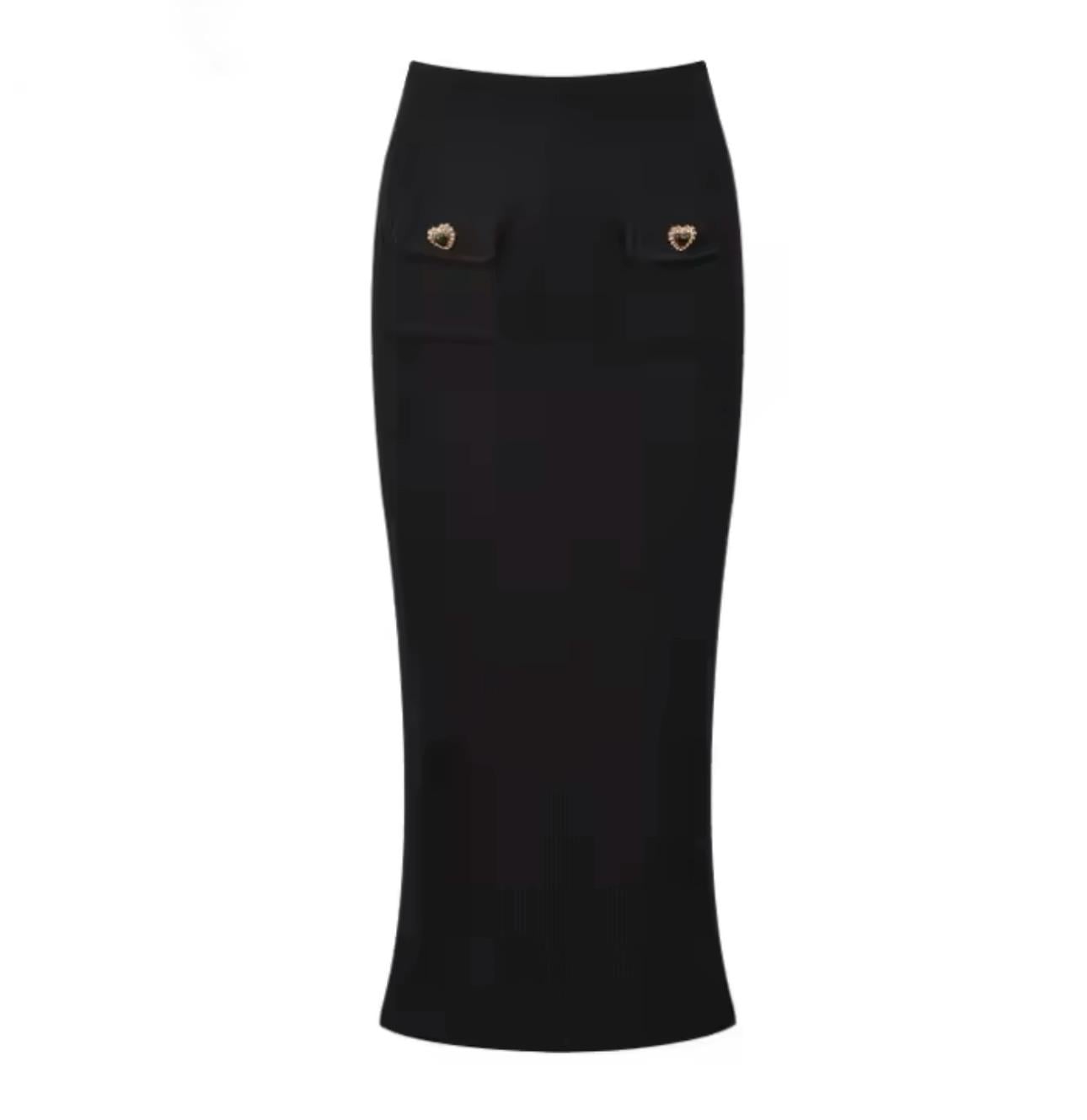 Kalp Düğmeli Siyah Tasarım Triko Midi Etek