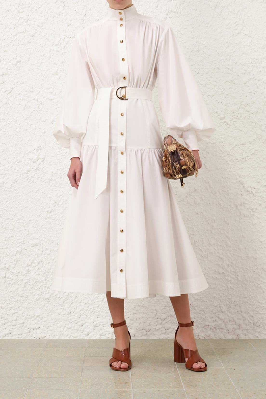 Kemerli Düğmeli Premium Beyaz Midi Gömlek Elbise