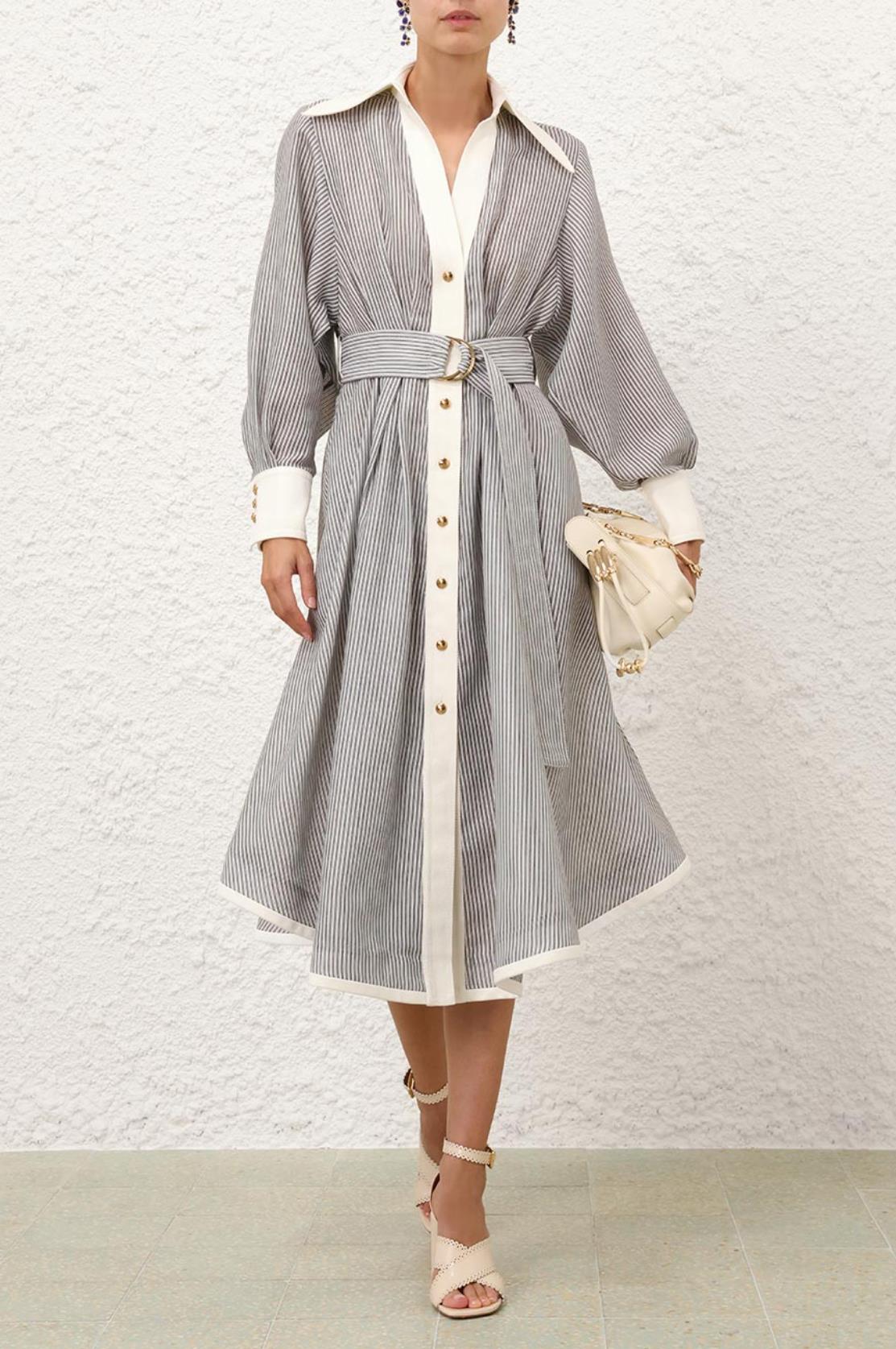 Kemerli Düğmeli Premium Çizgili Midi Gömlek Elbise