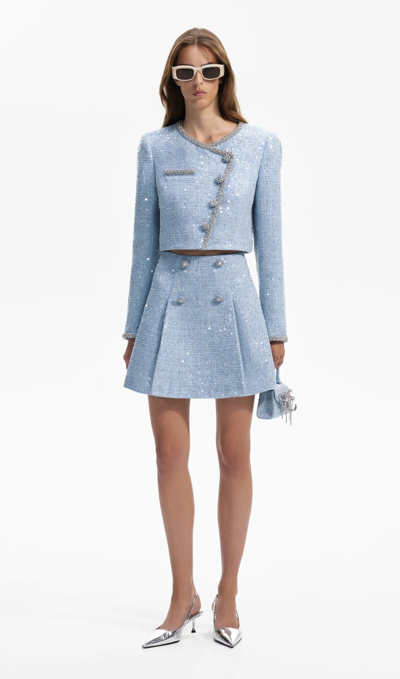 Kendinden Pullu Asimetrik Düğmeli Tasarım Mavi Tüvid Ceket