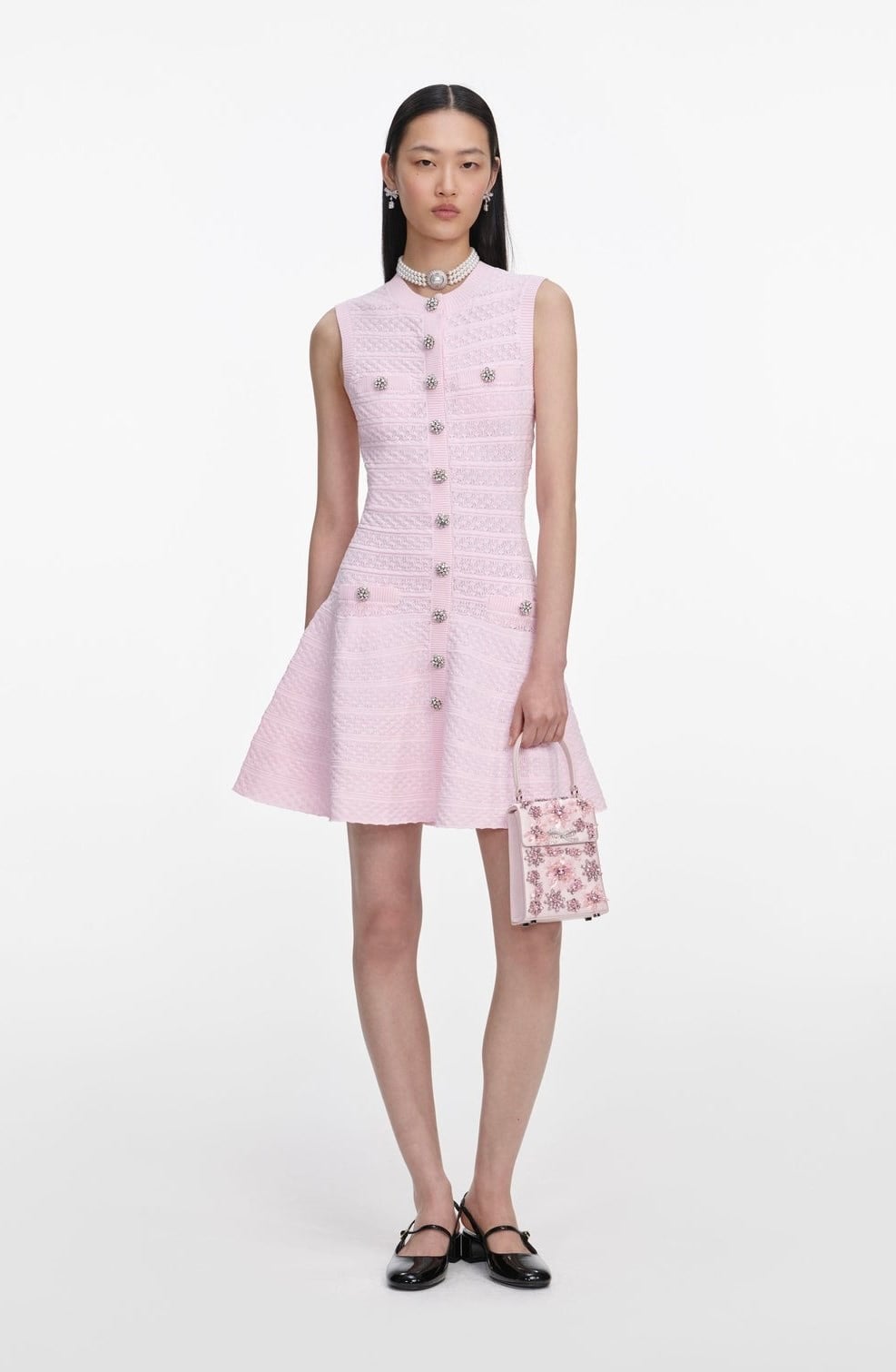 Kolsuz Kristal Düğmeli Triko Mini Pembe Elbise