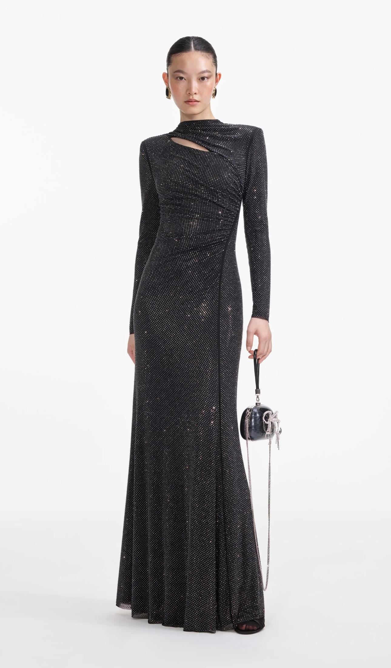 Kristal Taşlı Drapeli Uzun Kollu Maksi Premium Siyah Elbise