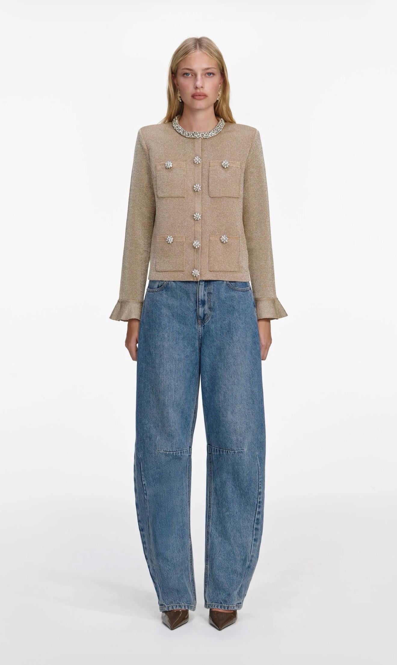 Kristal Taşlı Düğmeli Cepli Gold Tasarım Ceket