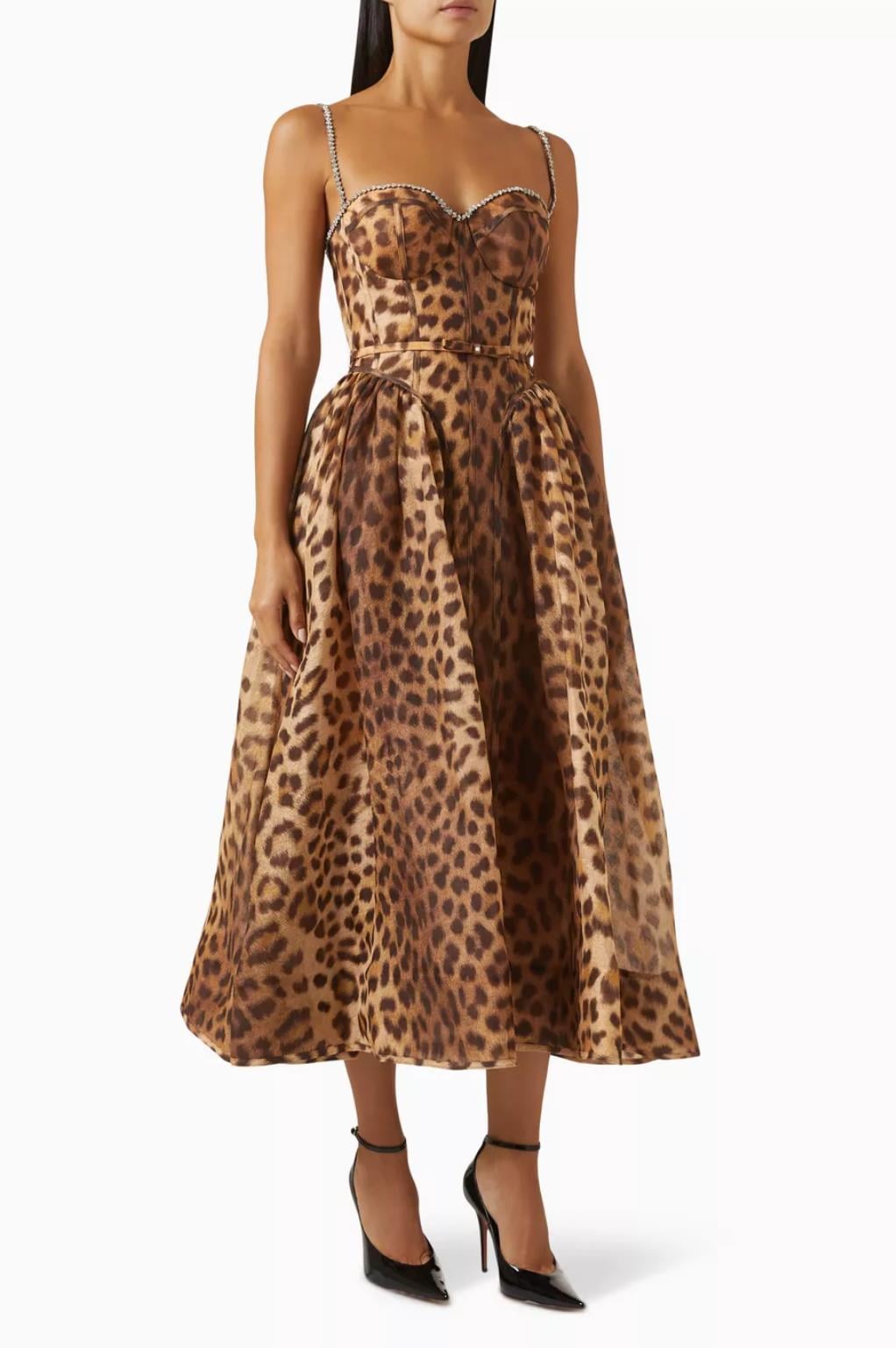 Kristal Taşlı İp Askılı Leopar Desenli Tasarım Midi Elbise