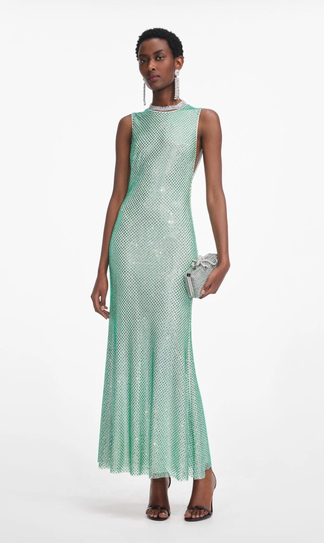 Kristal Taşlı Kolsuz Mint Maksi Premium Elbise