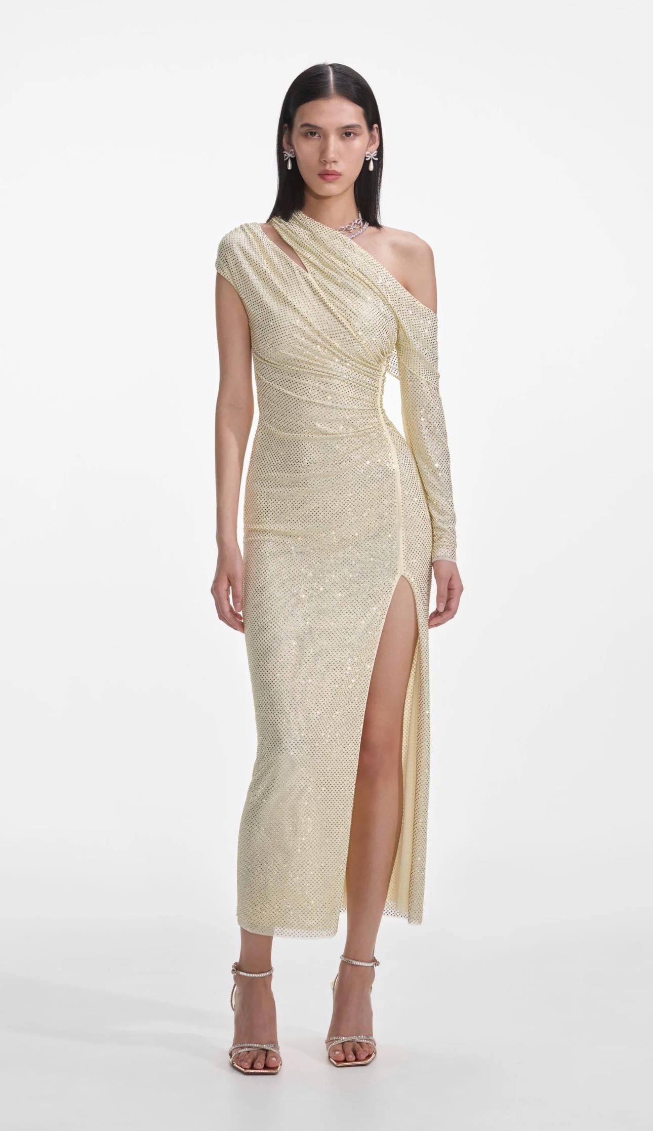 Kristal Taşlı Pencereli Yırtmaçlı Premium Sarı Elbise