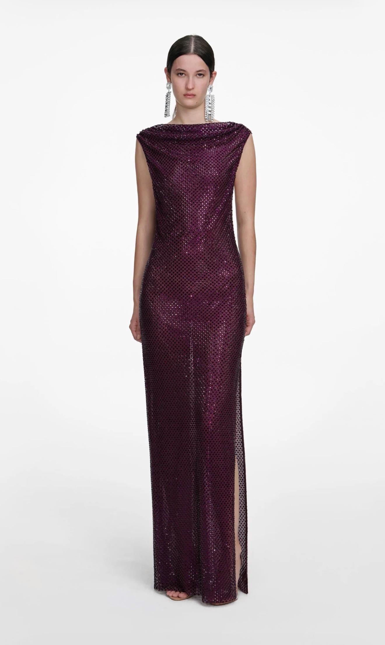 Kristal Taşlı Sırtı Dekolteli Yırtmaçlı Mürdüm Maksi Premium Elbise