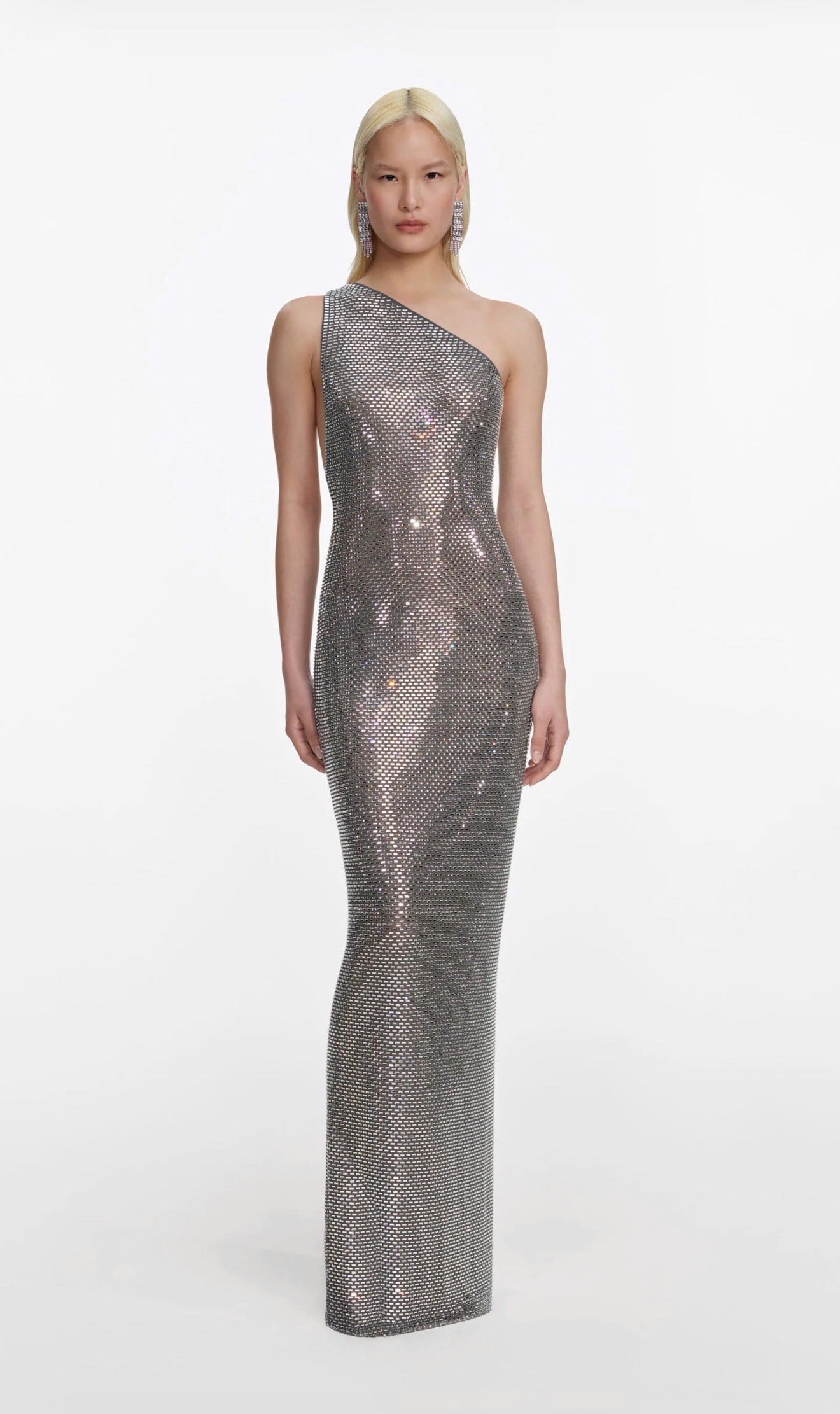 Kristal Taşlı Tek Omuzlu Gümüs Premium Maksi Elbise