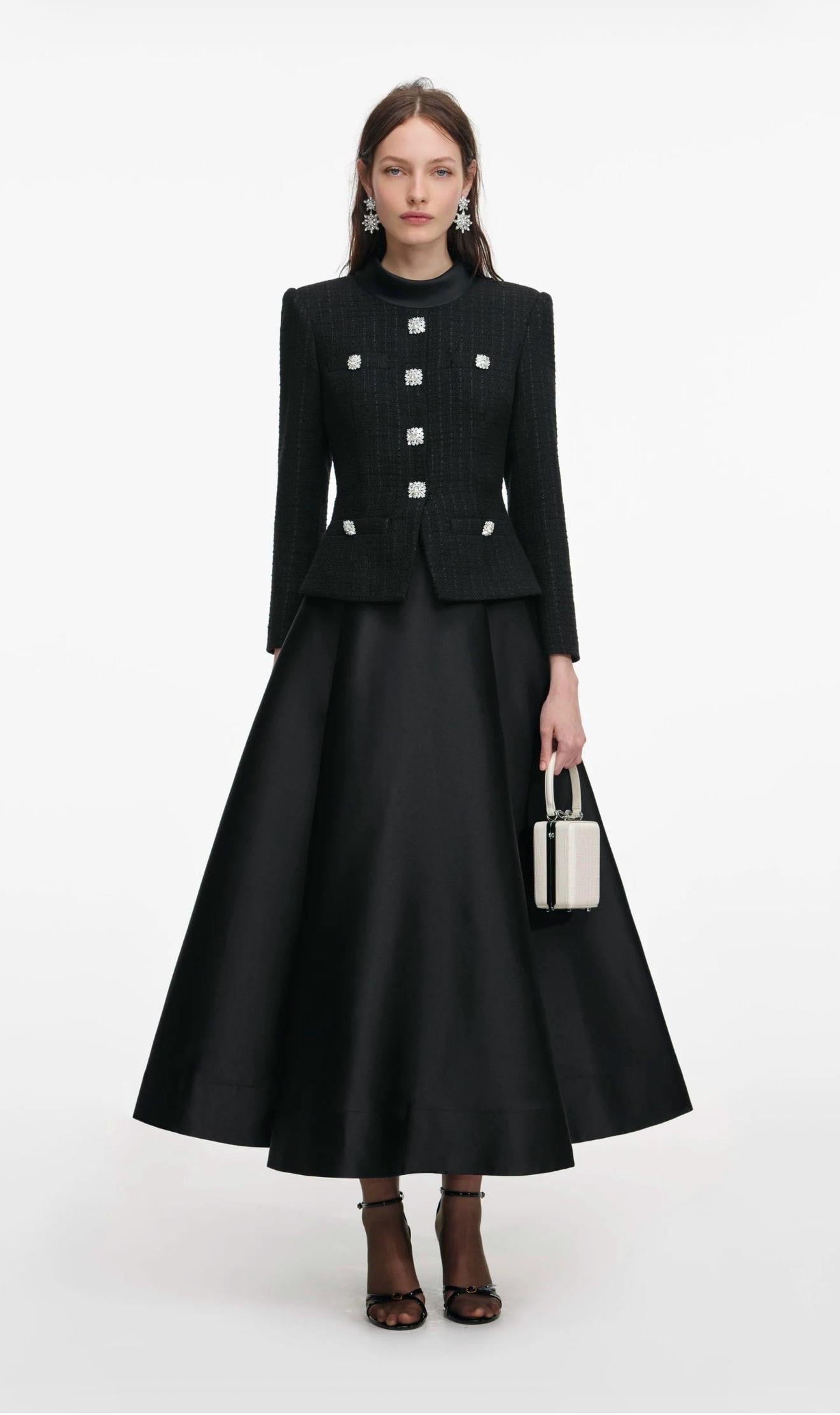 Kristal Taşlı Tüvid Ceketli Siyah Midi Tasarım Elbise