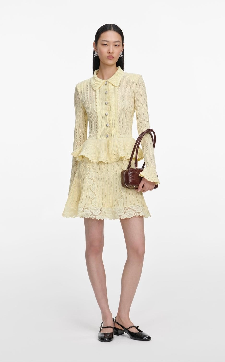 Peplum Detaylı Dantel Geçişli Sarı Triko Mini Tasarım Elbise